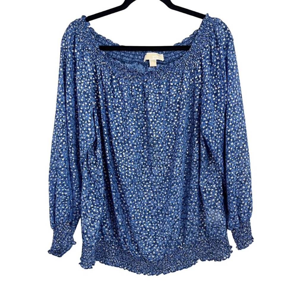 Michael Michael Kors Blue & Silver Metallic Long Sleeve Blouse -‎ Size XL